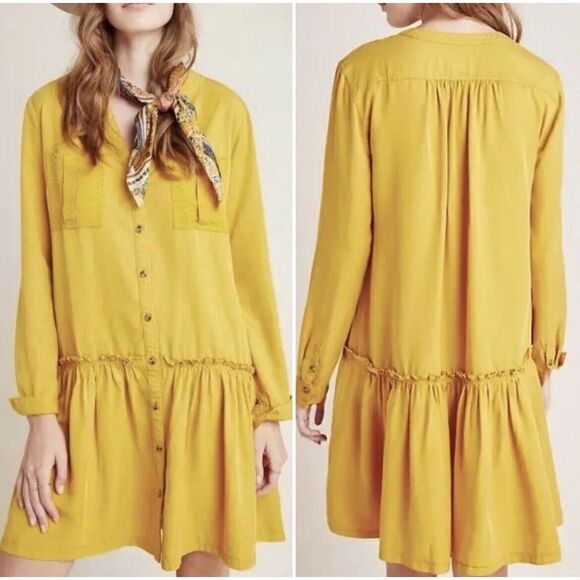 Anthropologie Maeve Marlie‎ Dress Sz 12 Button Front Collar Yellow Gold - Picture 1 of 8
